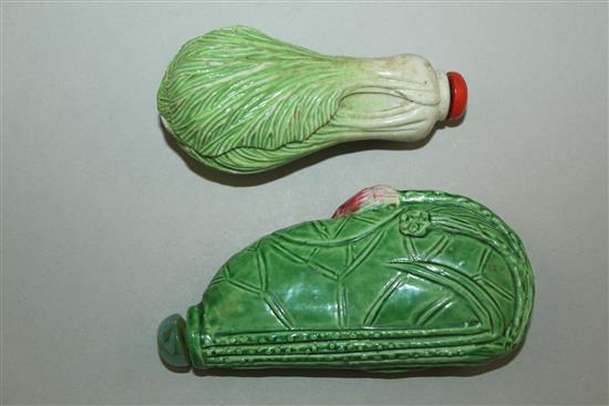 Two Chinese moulded porcelain leaf shaped snuff bottles, late 19th / early 20th century, 6.7cm